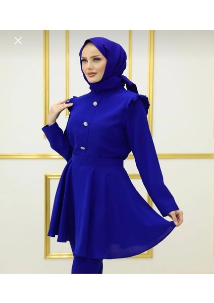 Saks Mavisi Tunik Pantolon Şık Lüks Tesettür Takım Abiye Taş Düğme