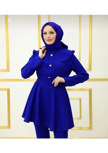 Saks Mavisi Tunik Pantolon Şık Lüks Tesettür Takım Abiye Taş Düğme fiyatları