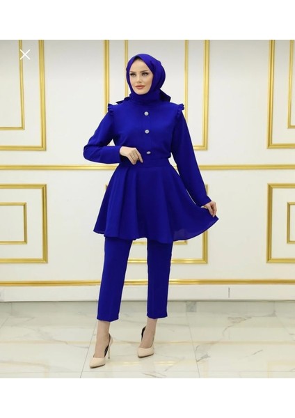 Saks Mavisi Tunik Pantolon Şık Lüks Tesettür Takım Abiye Taş Düğme modelleri