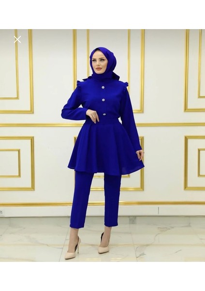 Saks Mavisi Tunik Pantolon Şık Lüks Tesettür Takım Abiye Taş Düğme fırsatları