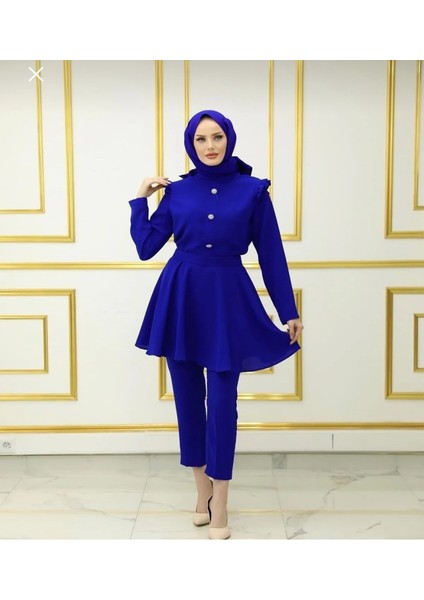 Saks Mavisi Tunik Pantolon Şık Lüks Tesettür Takım Abiye Taş Düğme indirimleri