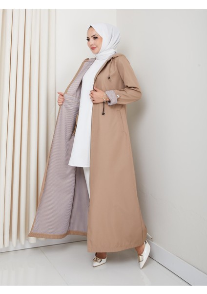 Kadın Kapüşonlu Çizgi Detaylı Vizon Bondit Kap modelleri