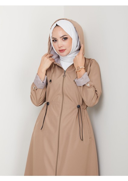 Kadın Kapüşonlu Çizgi Detaylı Vizon Bondit Kap indirimleri