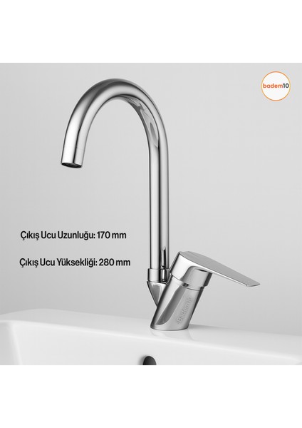 Premium Eviye Bataryası Sıcak Soğuk Ayarlı Tek Kollu Aç Kapa Krom Lavabo Modern Duvar Tipi Armatür