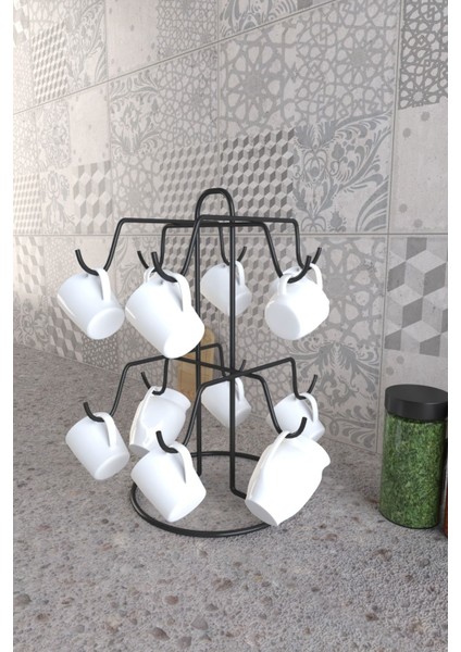 12 Kancalı Mat Siyah Fincan Askısı, 12'li Bardak Düzeni Organizer