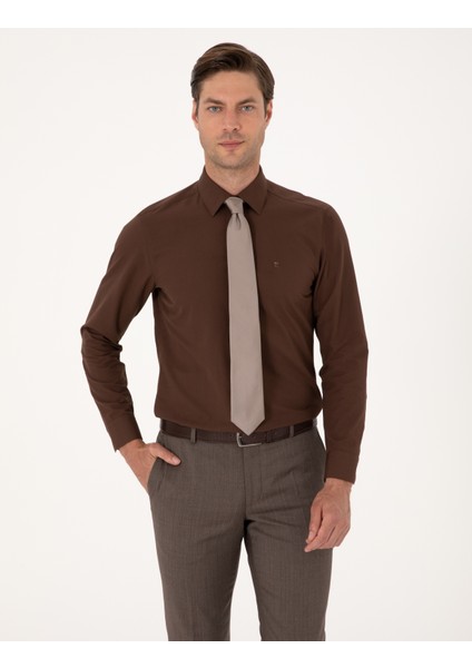 Erkek Kahverengi Slim Fit Uzun Kollu Basic Gömlek 50316734-VR029