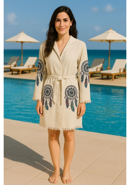 Renkli Rüya Kapanı Desenli Baskılı Pamuklu Müslin Kapüşonlu Kimono Bornoz Kaftan Peştemal