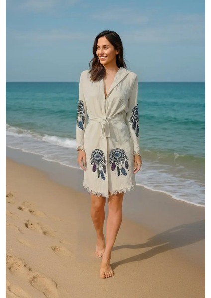 Renkli Rüya Kapanı Desenli Baskılı Pamuklu Müslin Kapüşonlu Kimono Bornoz Kaftan Peştemal fiyatları