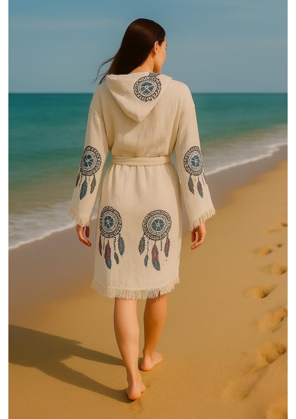 Renkli Rüya Kapanı Desenli Baskılı Pamuklu Müslin Kapüşonlu Kimono Bornoz Kaftan Peştemal modelleri