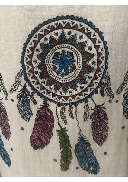 Renkli Rüya Kapanı Desenli Baskılı Pamuklu Müslin Kapüşonlu Kimono Bornoz Kaftan Peştemal fırsatları