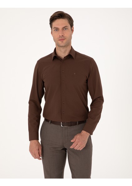 Erkek Kahverengi Slim Fit Uzun Kollu Basic Gömlek 50316734-VR029 modelleri