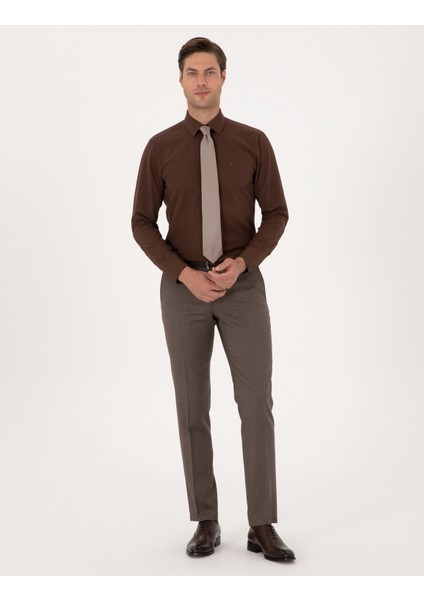 Erkek Kahverengi Slim Fit Uzun Kollu Basic Gömlek 50316734-VR029 fırsatları
