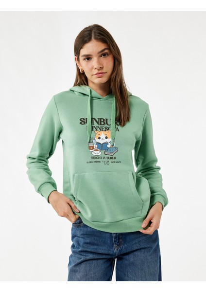 Kanguru Cep Detaylı Şardonlu Kedi Baskılı Kapüşonlu Sweatshirt modelleri
