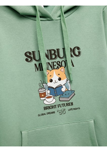 Kanguru Cep Detaylı Şardonlu Kedi Baskılı Kapüşonlu Sweatshirt