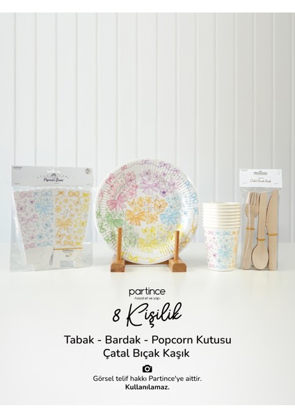 8 Kişilik Fiyonk Tema Kullan At Karton Popcorn Mısır Kutusu- Tabak-Bardak-Çatal Kaşık Bıçak Parti Seti