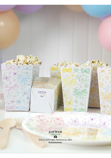 8 Kişilik Fiyonk Tema Kullan At Karton Popcorn Mısır Kutusu- Tabak-Bardak-Çatal Kaşık Bıçak Parti Seti fırsatları