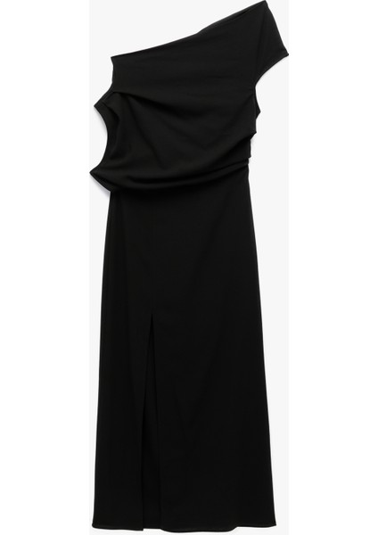 Krep Kumaş Asimetrik Kesim Drapeli Yırtmaçlı Midi Boy Tek Omuz Elbise