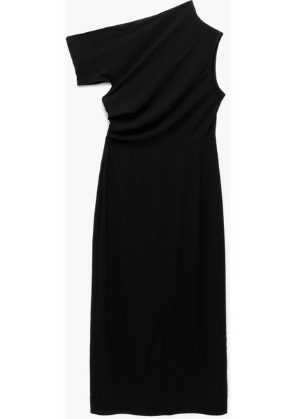 Krep Kumaş Asimetrik Kesim Drapeli Yırtmaçlı Midi Boy Tek Omuz Elbise fiyatları