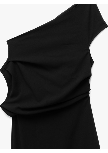 Krep Kumaş Asimetrik Kesim Drapeli Yırtmaçlı Midi Boy Tek Omuz Elbise modelleri