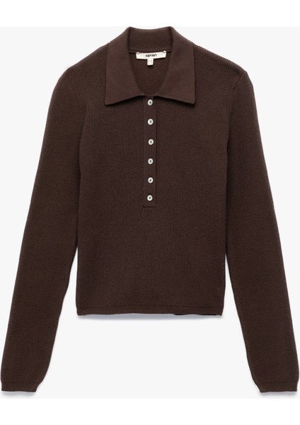 Yarım Düğmeli Uzun Kollu Polo Yaka Triko Kazak