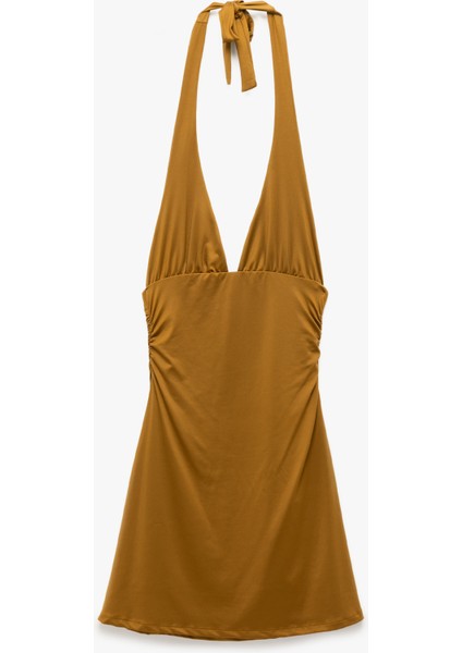 Drape Detaylı Boyundan Bağlamalı Sırt Dekolteli Derin V Yaka Mini Elbise