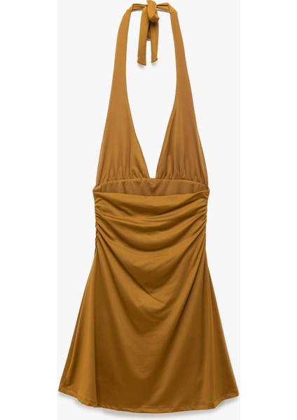 Drape Detaylı Boyundan Bağlamalı Sırt Dekolteli Derin V Yaka Mini Elbise fiyatları