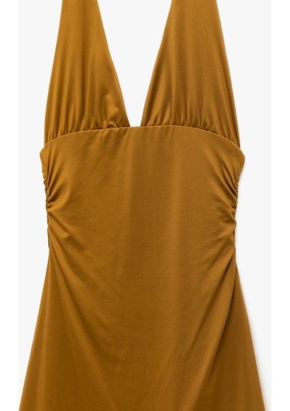 Drape Detaylı Boyundan Bağlamalı Sırt Dekolteli Derin V Yaka Mini Elbise modelleri