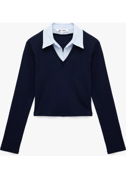 Uzun Kollu Gömlek Yaka Slim Fit Pamuklu Tişört