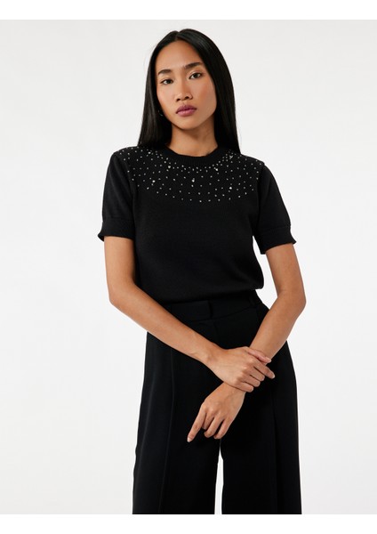 Kısa Kollu Bisiklet Yaka Taşlı Triko Kazak