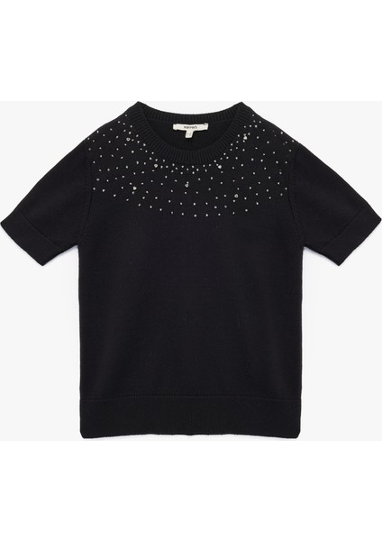 Kısa Kollu Bisiklet Yaka Taşlı Triko Kazak modelleri