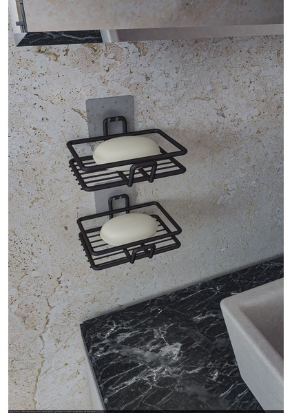 Yapışkanlı 2'li Metal Sabunluk Seti, Banyo ve Mutfak Için Siyah Renk