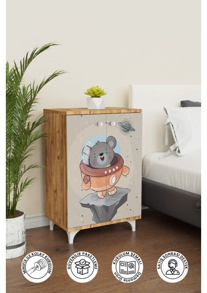 Little Astronaut 2 Raflı Çocuk Odası Dolabı Çok Amaçlı Baskılı Oyuncak Dolabı