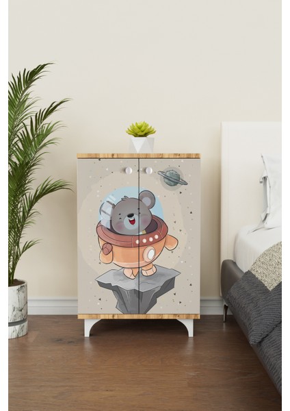 Little Astronaut 2 Raflı Çocuk Odası Dolabı Çok Amaçlı Baskılı Oyuncak Dolabı modelleri