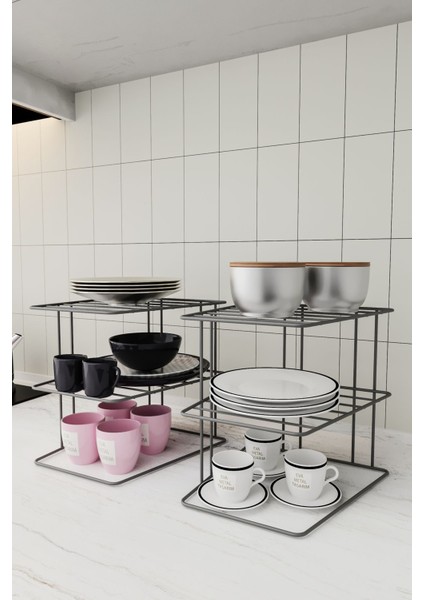 Gri 2'li 3 Katlı Tabaklık Dolap Içi Mutfak Düzenleyici Raf Seti