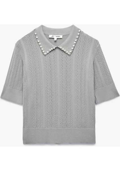 Triko Polo Yaka Inci Detaylı Kısa Kollu Kazak