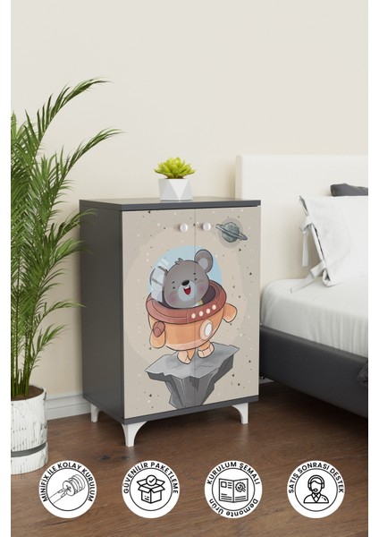Little Astronaut 2 Raflı Çocuk Odası Dolabı Çok Amaçlı Baskılı Oyuncak Dolabı