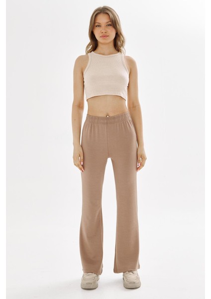 Kadın Modal Kumaş Yüksek Bel Geniş Paça Eşofman Altı Kahve 8102-K