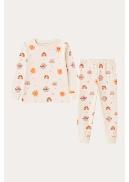 Çocuk Gezegen Desenli Pijama Takımı Ekru