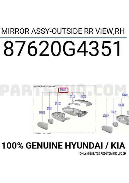 Kore I30 2016- Sağ Dikiz Aynası Komple (Sinyallı) Isıtmalı Sinyallı (6 Pın) (Oem NO:87620G4351)