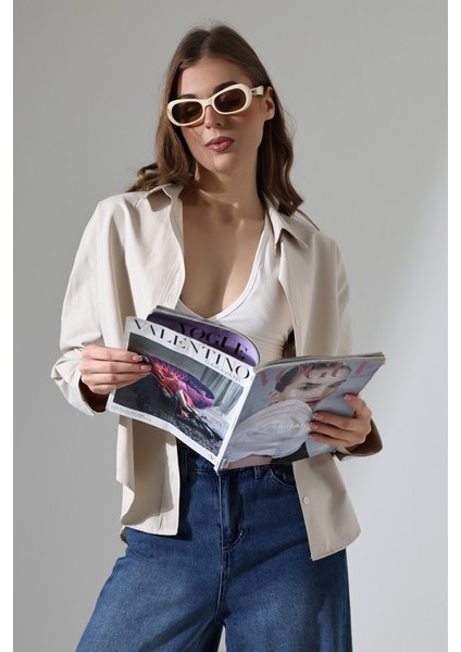 Kadın Gömlek Poplin Kumaş Bej Oversize Basic Kadın Gömlek