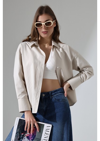 Kadın Gömlek Poplin Kumaş Bej Oversize Basic Kadın Gömlek modelleri