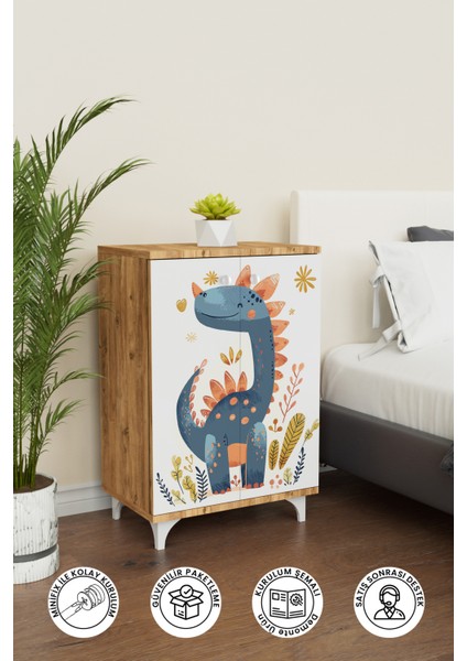 Minik Dino 2 Raflı Çocuk Odası Dolabı Çok Amaçlı Baskılı Oyuncak Dolabı