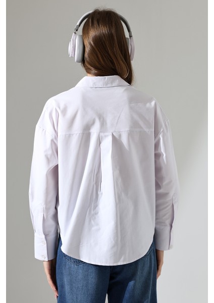 Kadın Gömlek Poplin Kumaş Beyaz Oversize Basic Kadın Gömlek