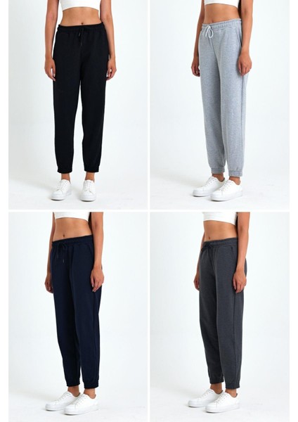 Kadın Siyah-Lacivert-Gri-Antrasit Pamuklu Kalın Paçası Lastikli Yüksek Bel Rahat Jogger 4'lü Eşofman Altı