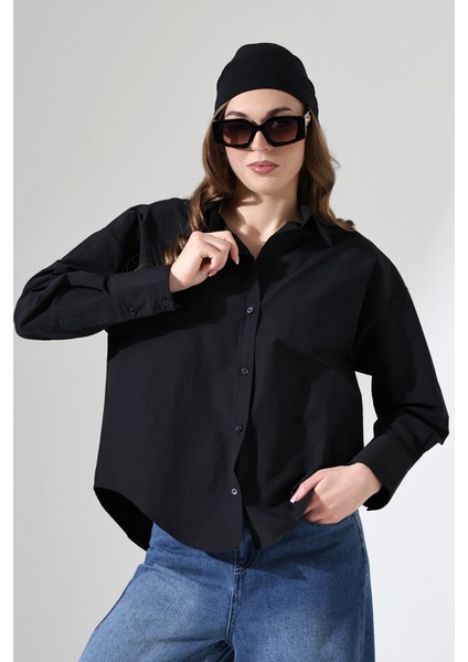 Kadın Gömlek Poplin Kumaş Siyah Oversize Basic Kadın Gömlek