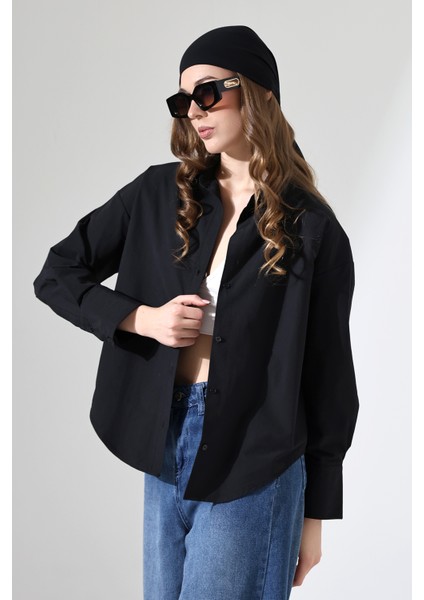 Kadın Gömlek Poplin Kumaş Siyah Oversize Basic Kadın Gömlek