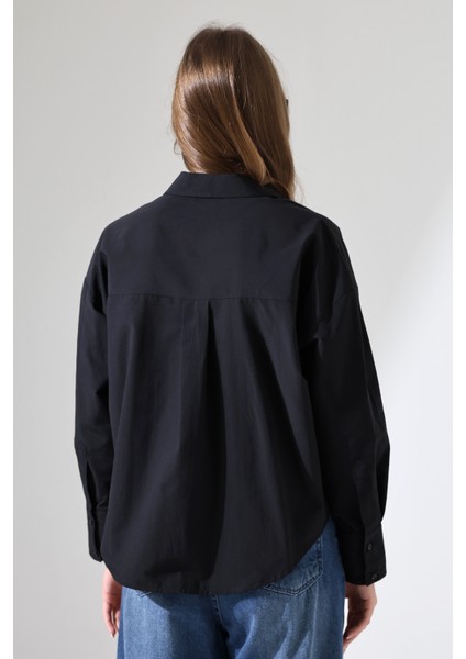 Kadın Gömlek Poplin Kumaş Siyah Oversize Basic Kadın Gömlek