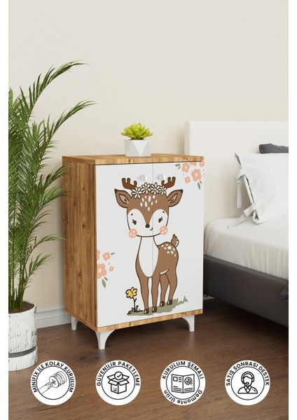 Little Fawn 2 Raflı Çocuk Odası Dolabı Çok Amaçlı Baskılı Oyuncak Dolabı