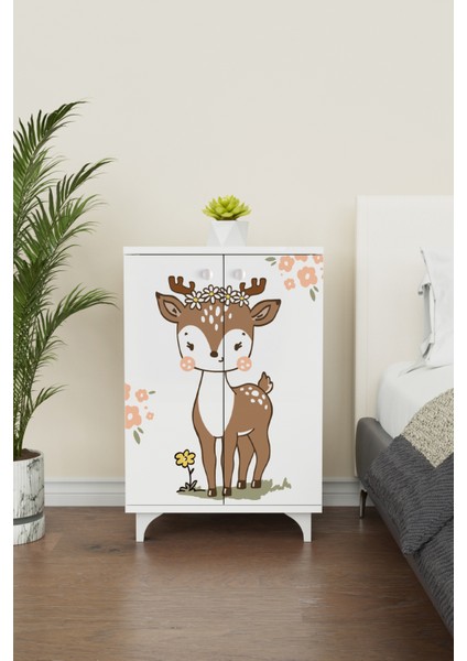 Little Fawn 2 Raflı Çocuk Odası Dolabı Çok Amaçlı Baskılı Oyuncak Dolabı modelleri