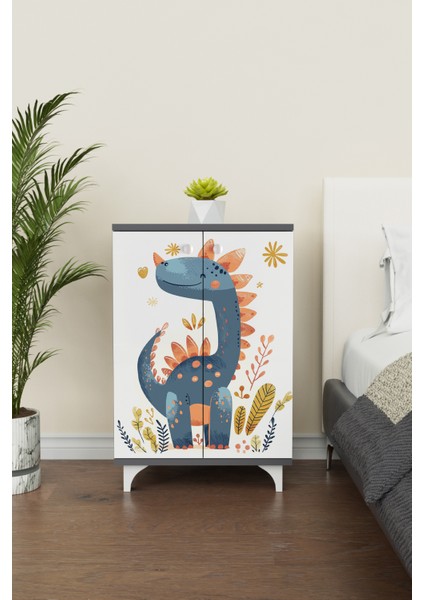 Minik Dino 2 Raflı Çocuk Odası Dolabı Çok Amaçlı Baskılı Oyuncak Dolabı modelleri
